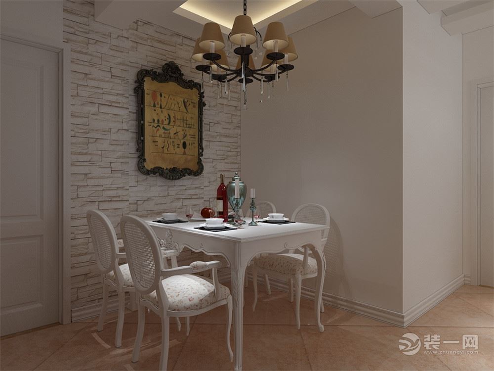 餐厅背景墙使用白砖壁纸，加以欧式风格的装饰画，营造出文艺感。