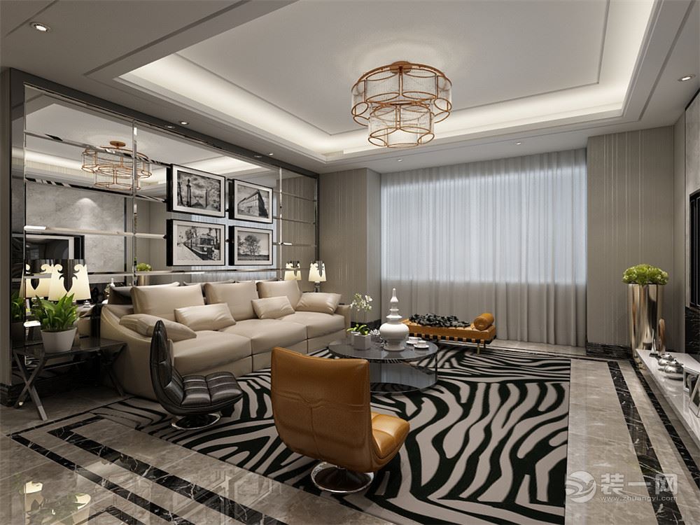 沙发背景墙采用装饰性镜面来提高客厅整体明亮度和增大空间延展性，使原本不小的空间变得更加宽敞