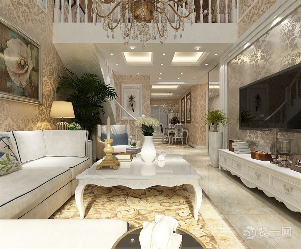 客厅地面是同色系的地砖，白色沙发及家具凸显欧式风格。