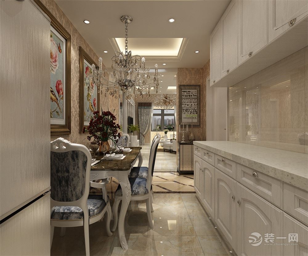 厨房为开放式，与餐厅在同一区域，白色的橱柜与家具同色，呼应主题。