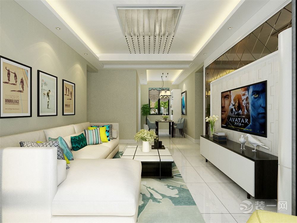 整体以白色调为基准色。客厅作为待客区域，选择米黄色布艺沙发，与白色的地板相呼应