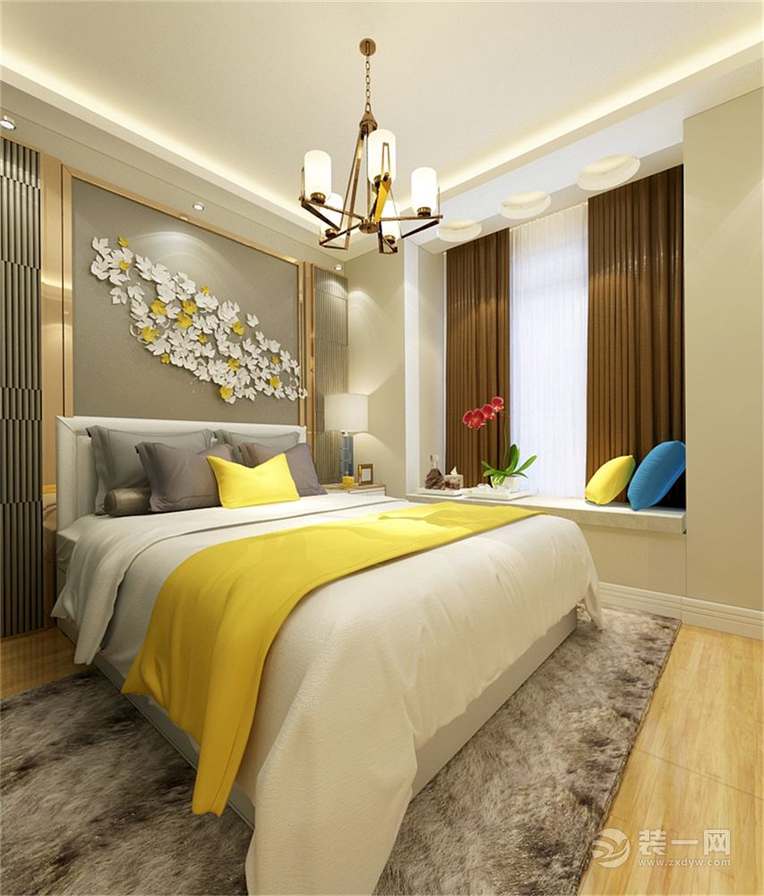 卧室部分与整体颜色相协调，简单明亮的色调对比使房间的格调非常温馨。同样我们采用了地面采用的是实木复合