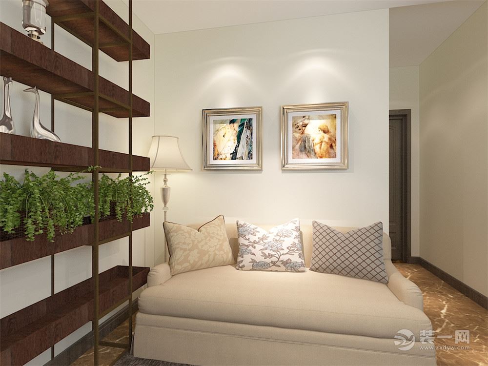 客厅采用双人沙发温暖舒适，一整面的置物架增加储物空间又不沉闷增加空间层次感。