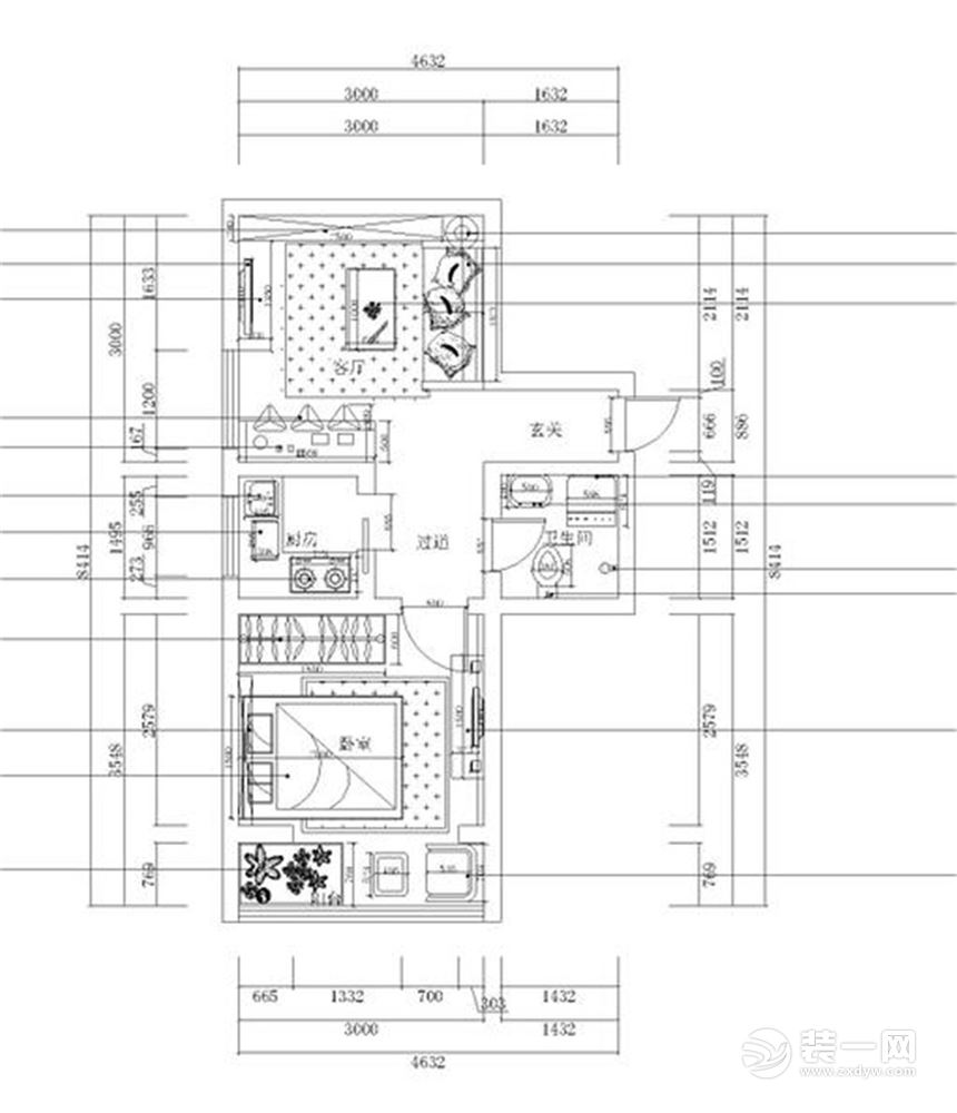 客厅采用双人沙发温暖舒适，一整面的置物架增加储物空间又不沉闷增加空间层次感。