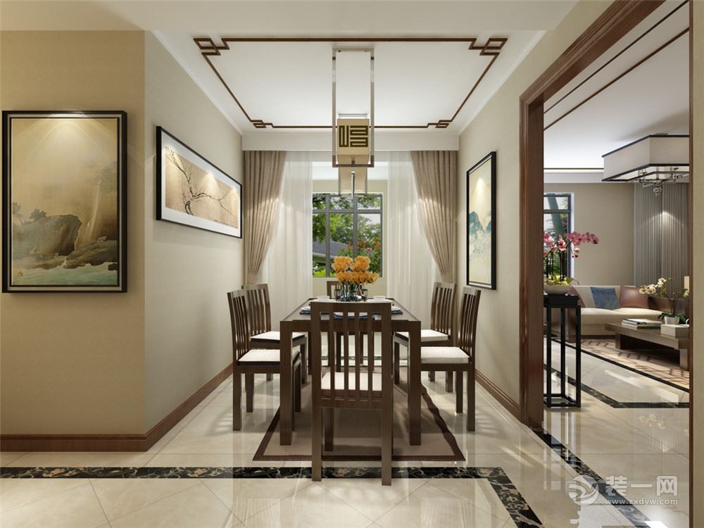 客厅作为待客区域，要稳重，用白色复古地砖，使整体上宽敞。墙面顶面采用上下两种颜色