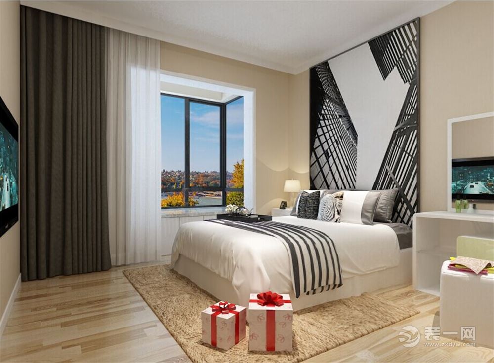 主卧室以暖色作为基调，以高楼大厦黑白挂画占据整个背景墙，使整个以浅色为主色调的空间加入一丝灰颜色更显