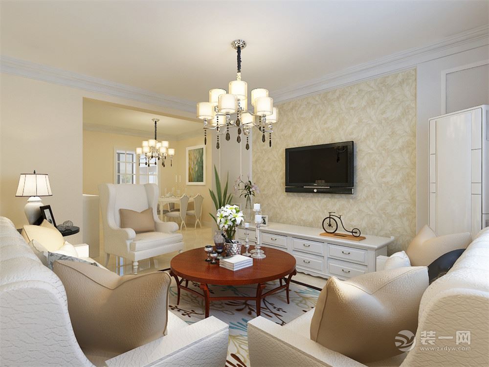 客厅作为待客区域，用米黄色大地砖使空间更加宽阔明亮不失稳重。