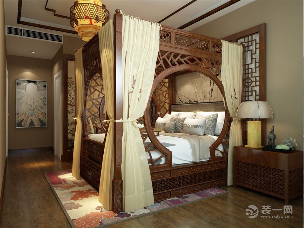 主卧室，色彩方面秉承了传统古典风格的典雅和华贵，但与之不同的是加入了很多现代元素，呈现着时尚的特征。