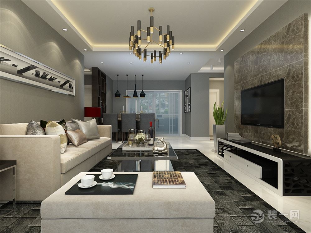 客厅作为待客区域，用灰色地砖电视墙实用美观，使整体上有一种宽敞而富有现代时尚气息。