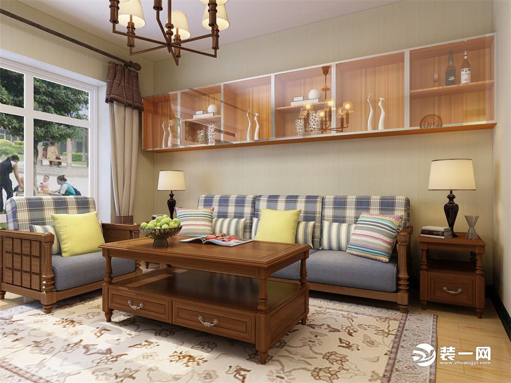 客厅作为待客区域，要明快光鲜，用木隔板电视墙实用美观，使整体上有一种宽敞而富有现代时尚气息