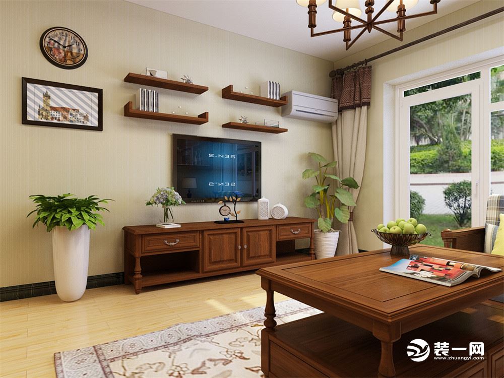 客厅作为待客区域，要明快光鲜，用木隔板电视墙实用美观，使整体上有一种宽敞而富有现代时尚气息。