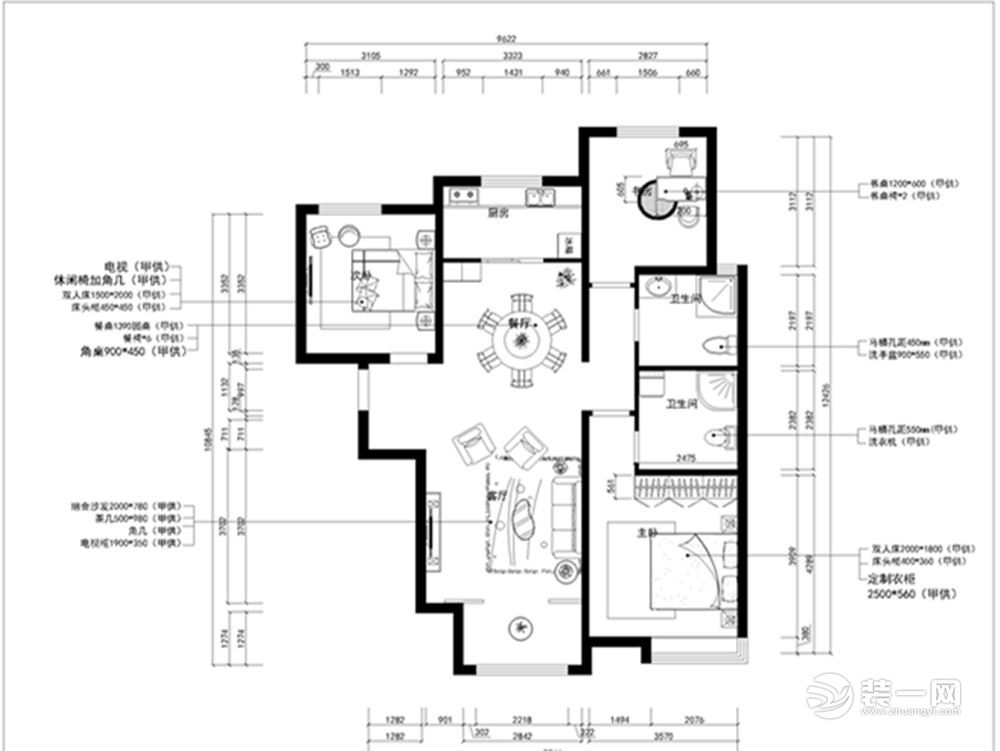 以新中式为主的三室两厅一卫的住宅，室内可使用面积为95㎡，建筑面积为130㎡。