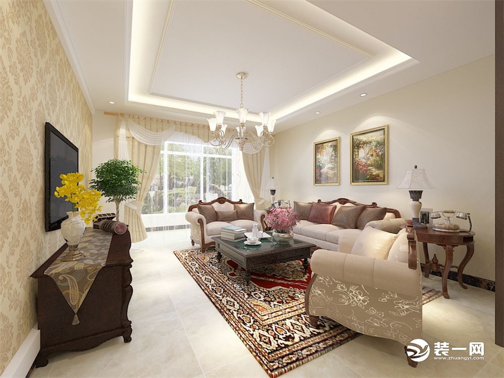 本方案为美式风格，客厅采用了壁纸石膏线圈边的电视背景墙，沙发和装饰物品为深浅搭配