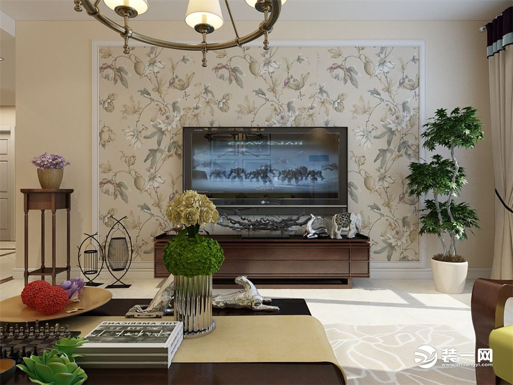 客厅作为待客区域，要明快光鲜，用石膏线壁纸电视墙实用美观，使整体上有一种宽敞而富有现代时尚气息。