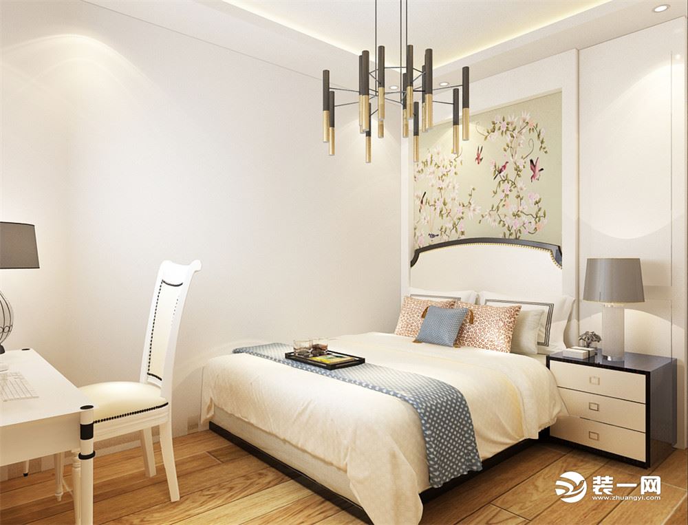 卧室的设计很舒适，吊顶的设计为石膏板回字形吊顶