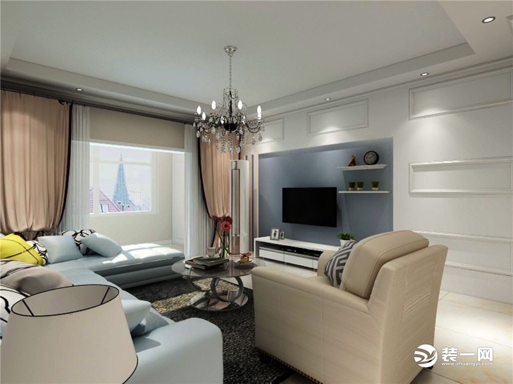  客厅作为待客区域，空间布局合理，影视墙也是根据业主的喜好，比较现代简约的石膏板和灯带加乳胶漆蓝色做