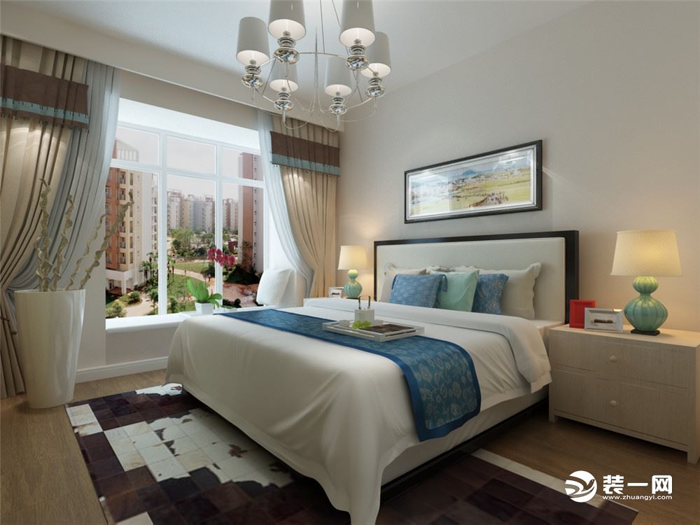 主卧室采用蓝、黄、米等色彩元素搭配的床整体体现温馨的感觉，柔和的色调，不会显得混乱。