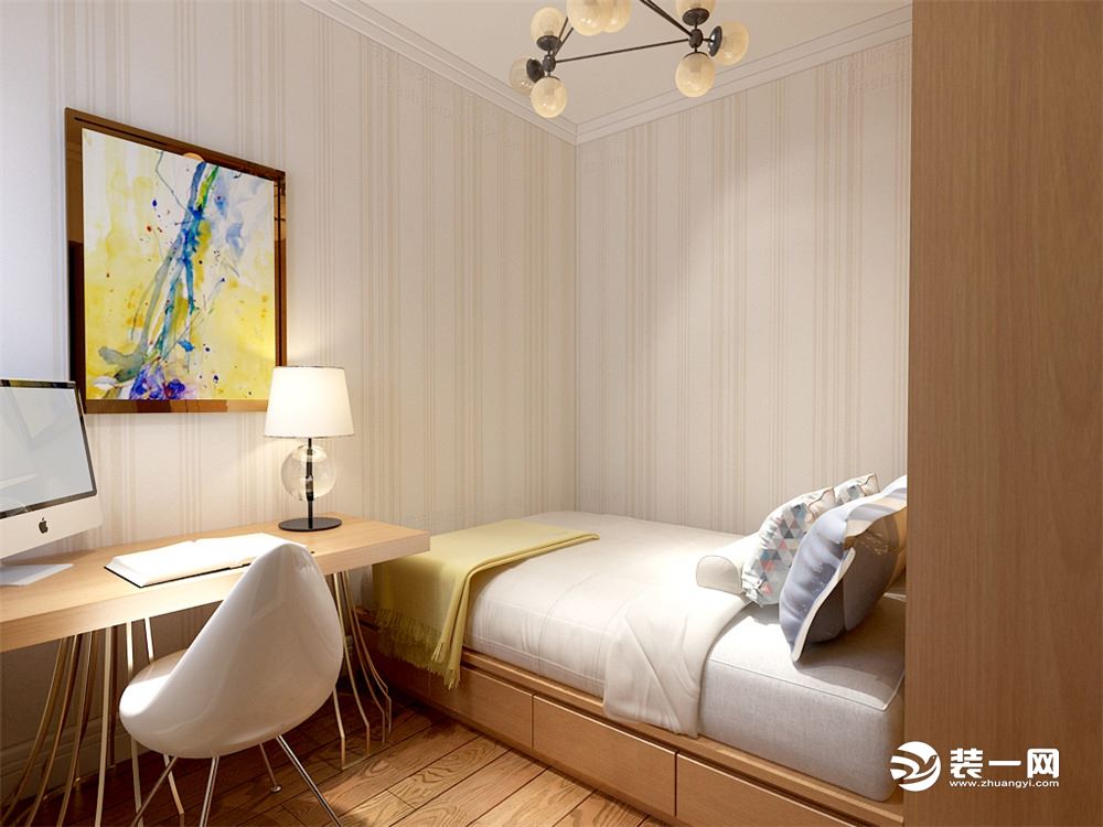 主卧室整体以白色、浅绿色条纹壁纸为主，搭配黄色的灯光以及现代软装的画幅等整体温馨的感觉，柔和的色调和