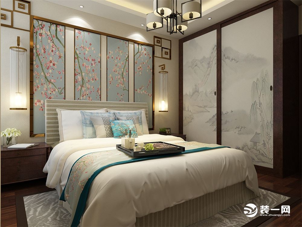 主卧室采用的是中式风格的设计，通过墙面造型与床头背景造型是整个空间更加具有层次感，通过色彩的搭配使得