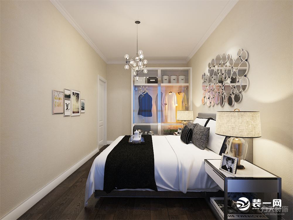 卧室的设计很简约，吊顶的设计画整为零，以石膏线为主，家具的选择较为简单，卧室的设计舒适典雅，家具的选