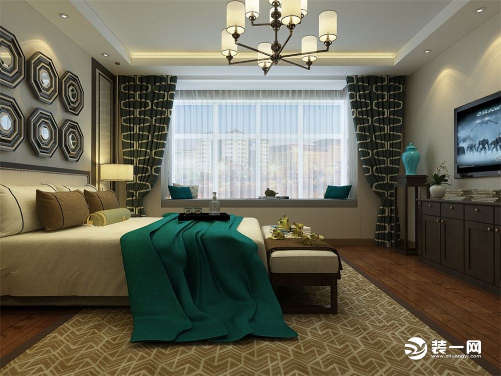 卧室采用的是偏中式的风格的设计，整体的色调偏深色，床品整体的搭配偏浅色，给整个空间增添了一份温馨的色