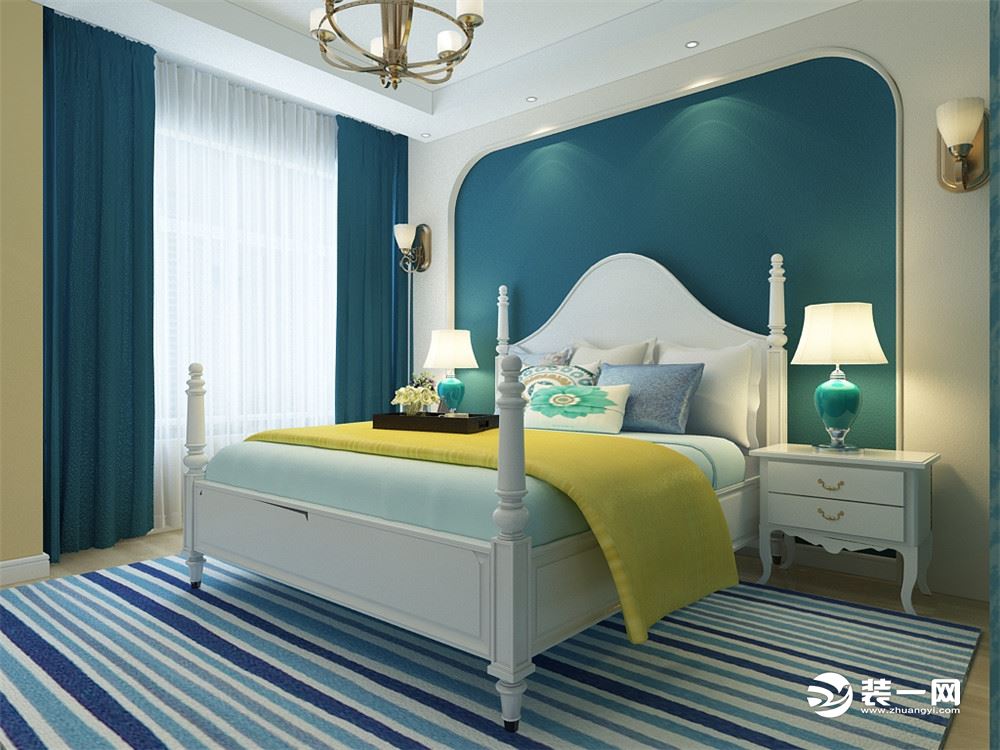 卧室的整体颜色运用比较偏蓝色，大面积的蓝色运用，点缀少量的彩色让整个空间更加和谐，不单调。