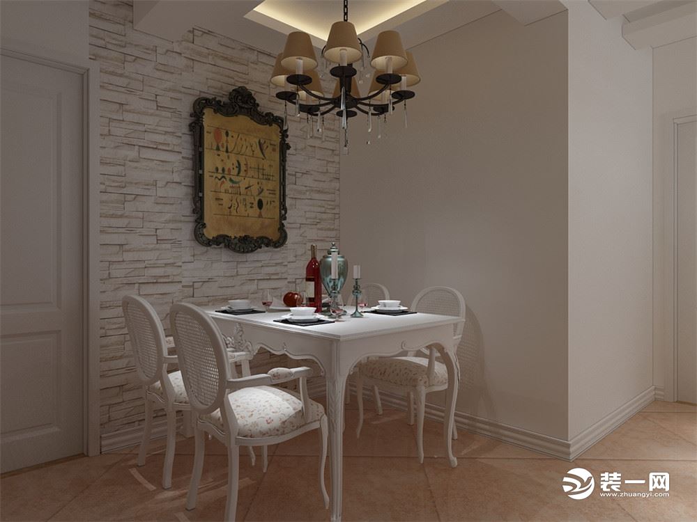 餐厅背景墙使用白砖壁纸，加以欧式风格的装饰画，营造出文艺感。客餐厅采用通铺地砖，在视觉上增大空间。