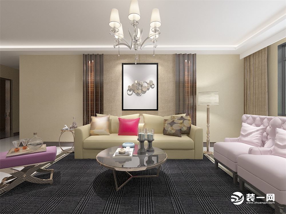 客厅作为待客区域，要明快光鲜，用比较亮的地砖，使整体上有一种宽敞而富有时尚气息。墙面顶面采用上下两