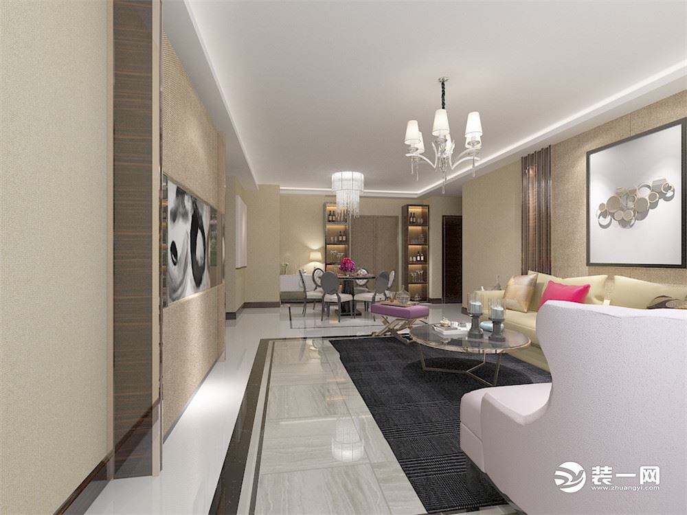  客厅作为待客区域，要明快光鲜，用比较亮的地砖，使整体上有一种宽敞而富有时尚气息。墙面顶面采用上下两