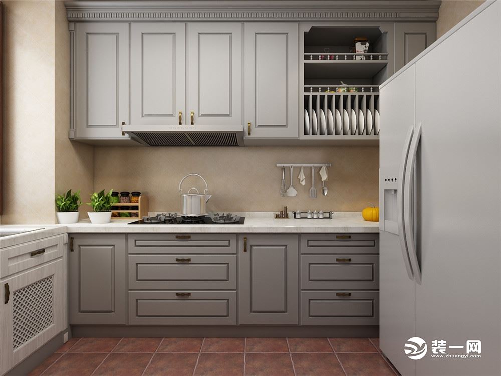 厨房用L型布局，浅色的厨具和深色的仿古砖形成鲜明的对比，低调奢华，整体空间流畅。
