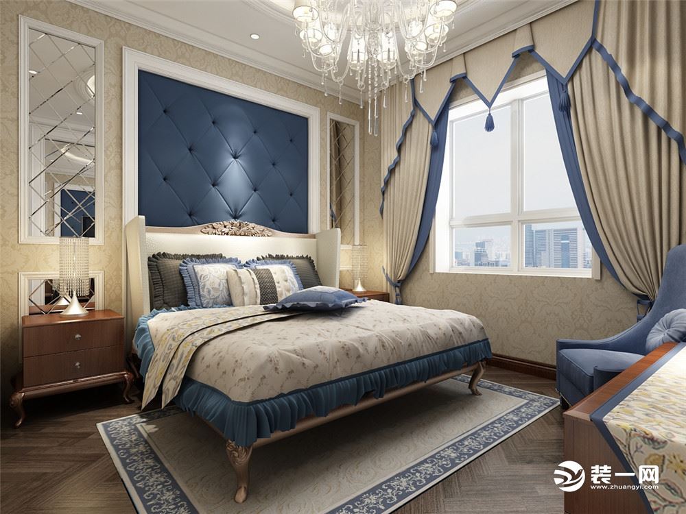 主卧室是最具有隐私性的空间，主卧色调与客餐厅统一，床头背景墙运用软包，欧式的家具，从而营造一个奢华低