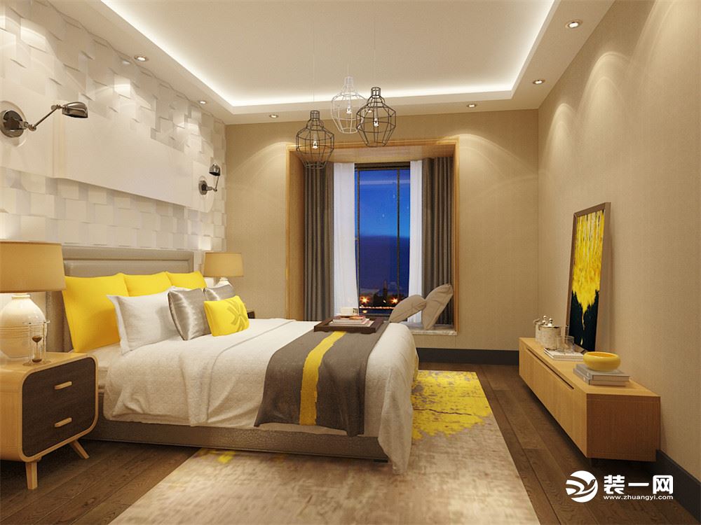 主卧主要是在色彩上的搭配，使用简洁的白色，和大气的黄色，以及木色。使整个室内营造一种明朗宽敞舒适的空
