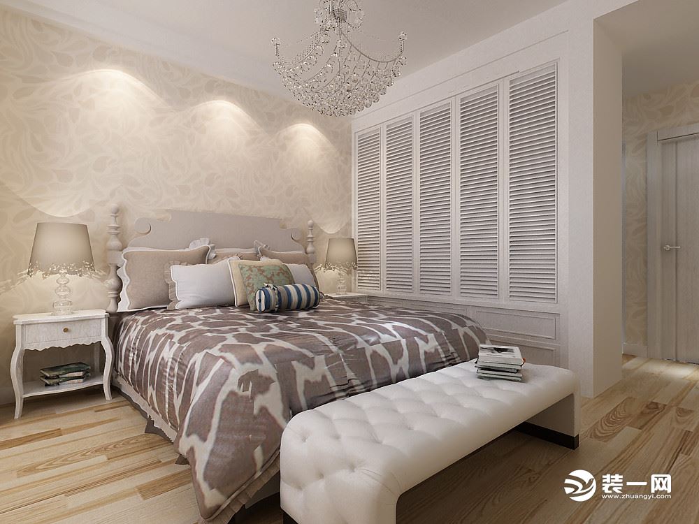 整体铺浅色地砖加以波打线进行装饰，卧室采用木地板。