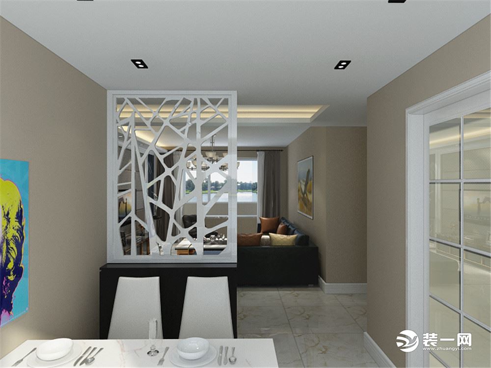 客厅以浅色系为主，客厅影视墙选用镜面玻璃与硬包为主要构成材料