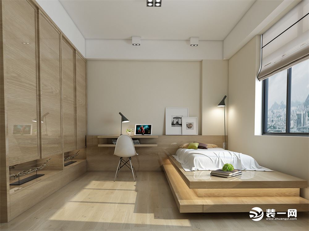 次卧的设计较为温暖活跃，工业感的台灯和台阶式的床让人看一眼就喜欢上了。
