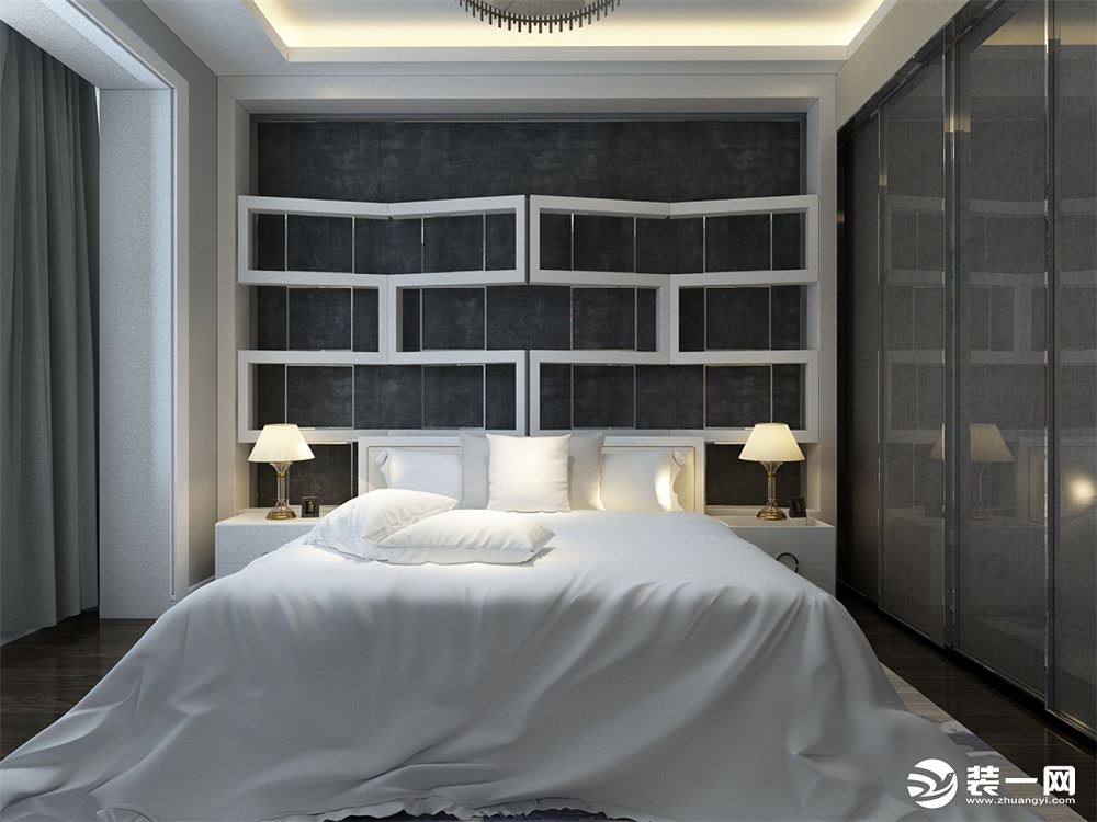 灰色的玻璃门衣柜搭配白色的床品，让整个空间更具现代与时尚感。