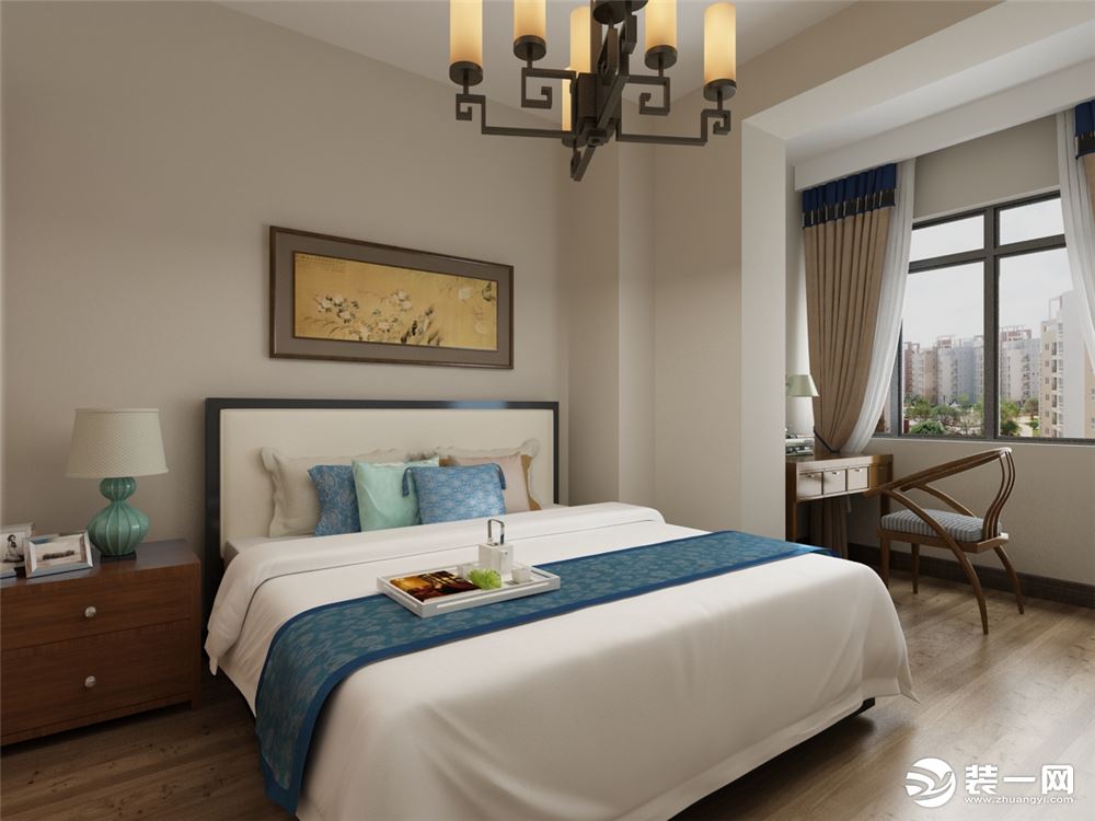 主卧室以米黄色，白色，原木色、为主，加以等色彩元素搭配的床整体体现温馨的感觉