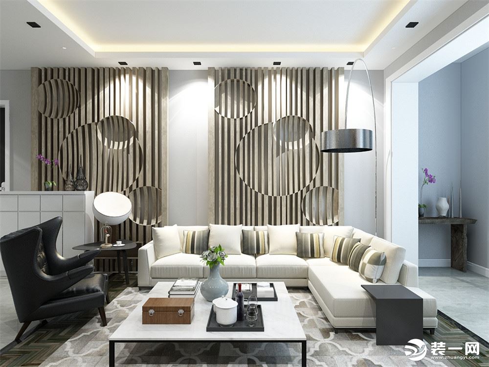 客厅的沙发背景墙采用的是条纹实木与圆型的造型设计让墙面看起来更加大气。