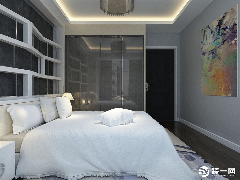卧室的床头背景墙采用的是灰黑色的墙面搭配白色的实木造型。
