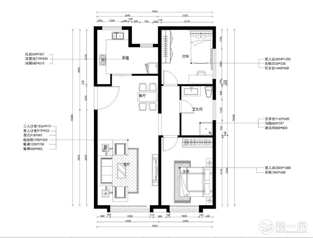 本案为保利香槟国际12号楼平层公寓标准层B8户型2室2厅1卫104.48平米