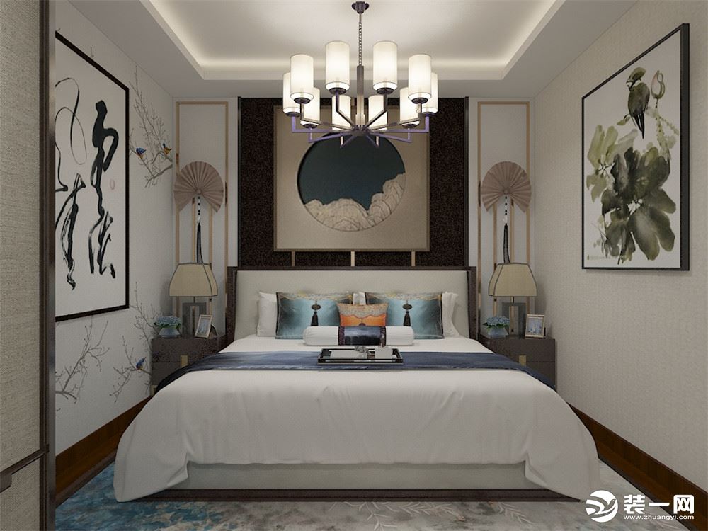 卧室木制家具套组，墙体运用现代中式风格背景墙，装饰画以及书法。