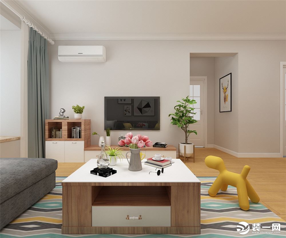 电视柜和茶几等家具都是白色和木色结合，电视柜旁边是一个小酒柜