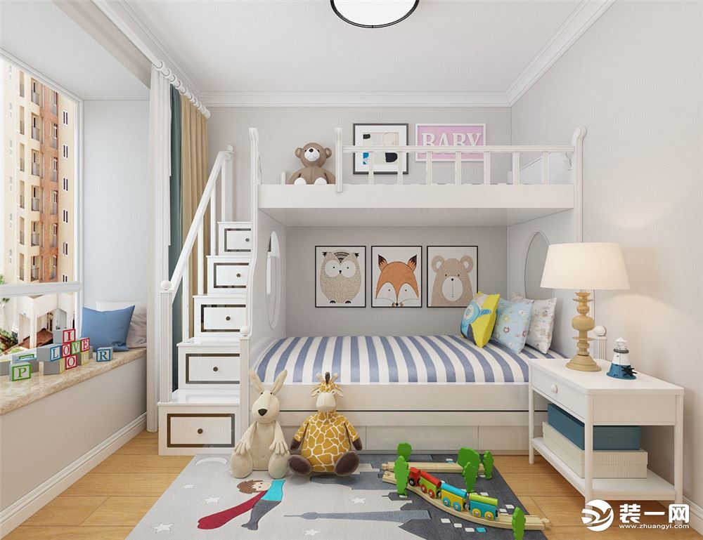 次卧室是儿童房，床是上下铺，旁边有床头柜，颜色搭配丰富。