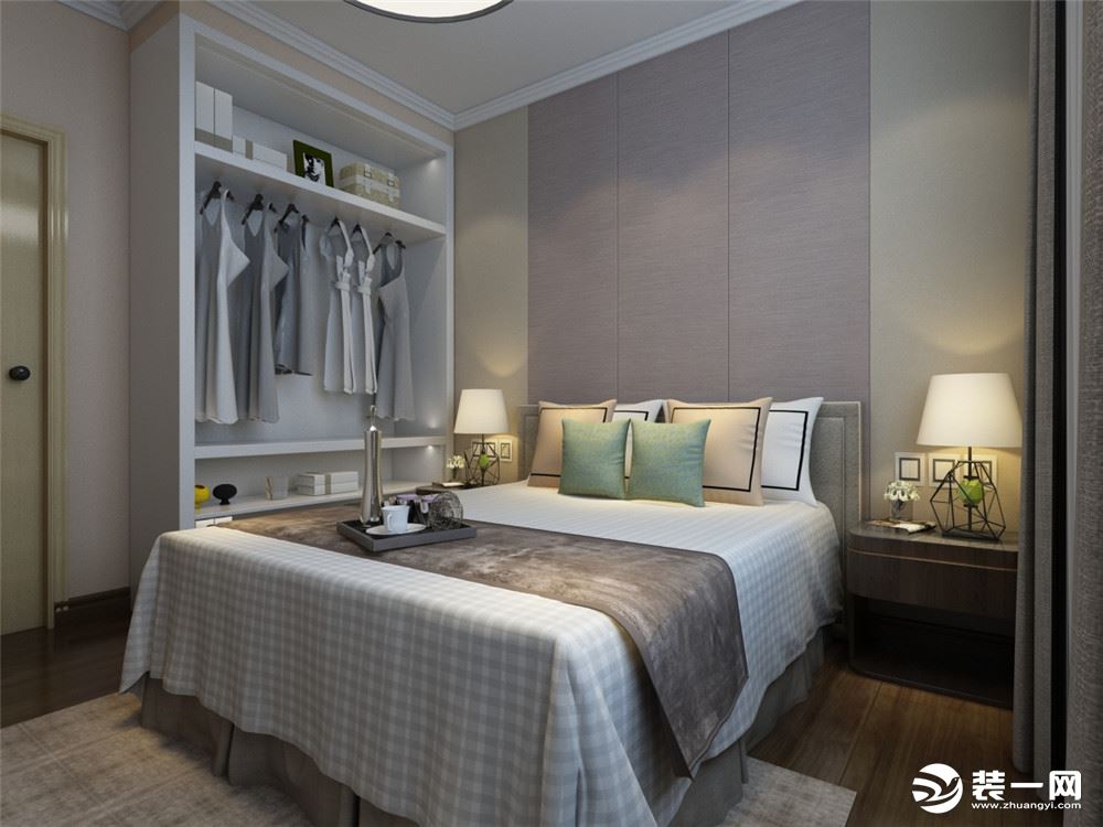 主卧室采用木色、白、黄、米等色彩元素搭配的床整体体现温馨且安静的感觉，柔和的色调