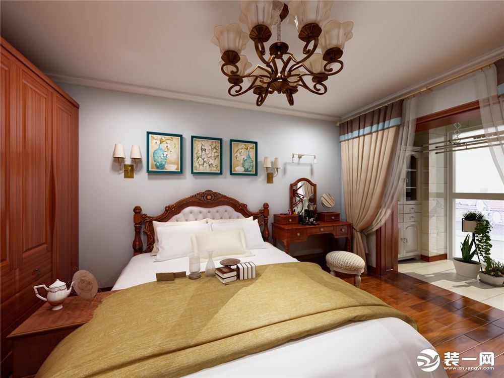主卧室双人床和大衣柜全是美式的实木家具，地面是强化复合地板和生活飘窗