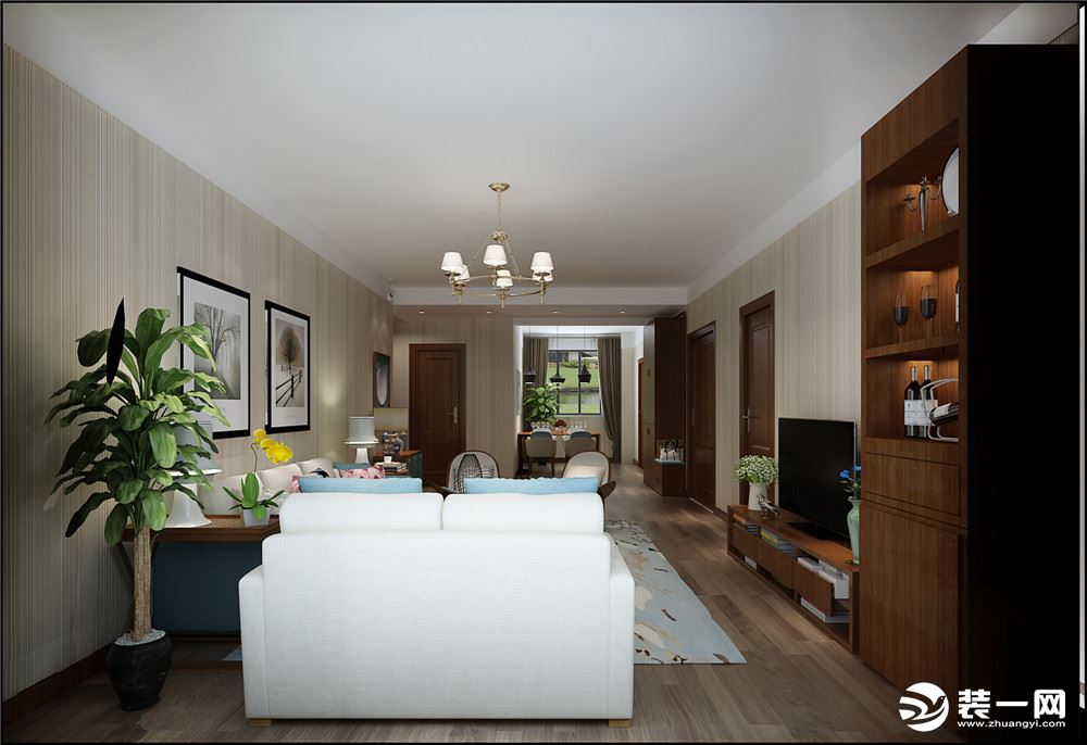 客厅的设计，家具选用高级灰为主调，造型简单大方，外观和用料仍保持环保的理念