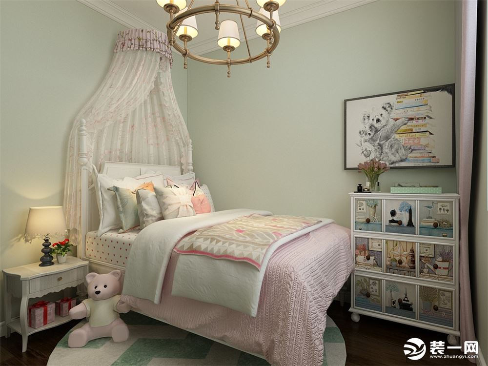 儿童房是女孩房，墙面是浅绿色乳胶漆，床品颜色搭配很粉嫩，床旁边是白色床头柜
