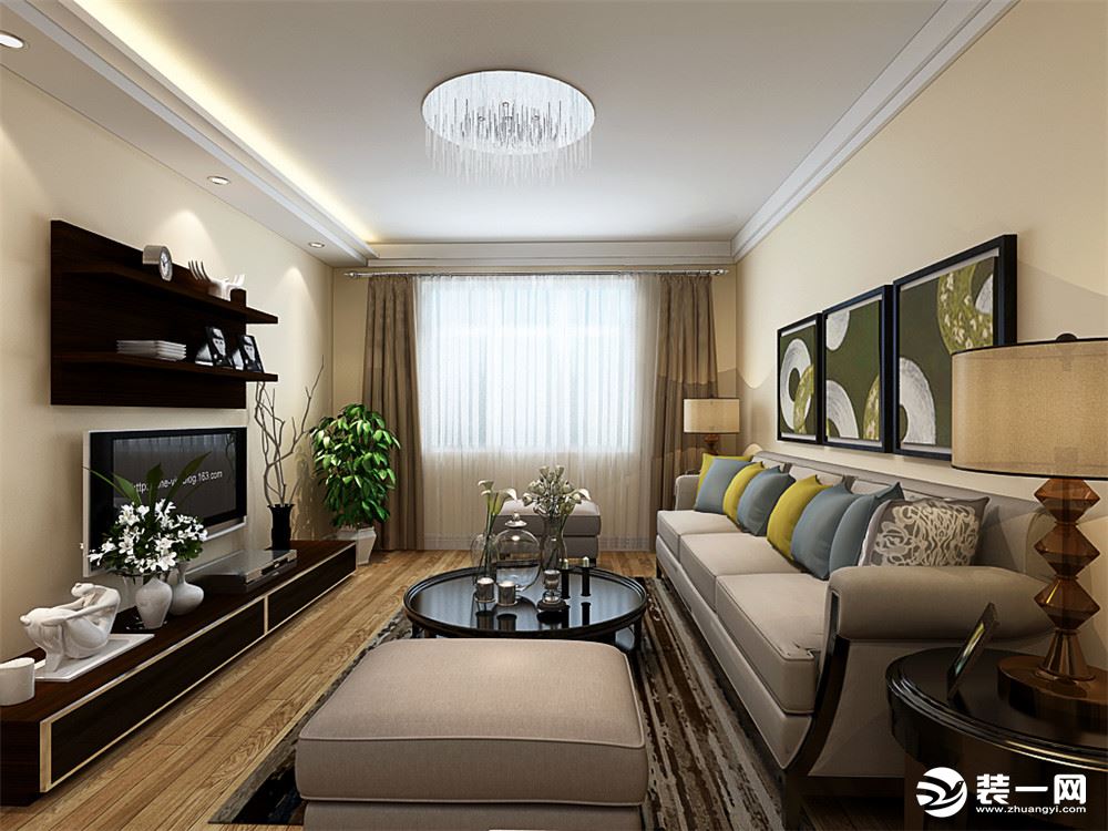 客厅的地方采用浅灰色的沙发以及圆形的茶几与吊灯相互呼应做成统一的形式。而沙发的背景墙则利用三幅画作为