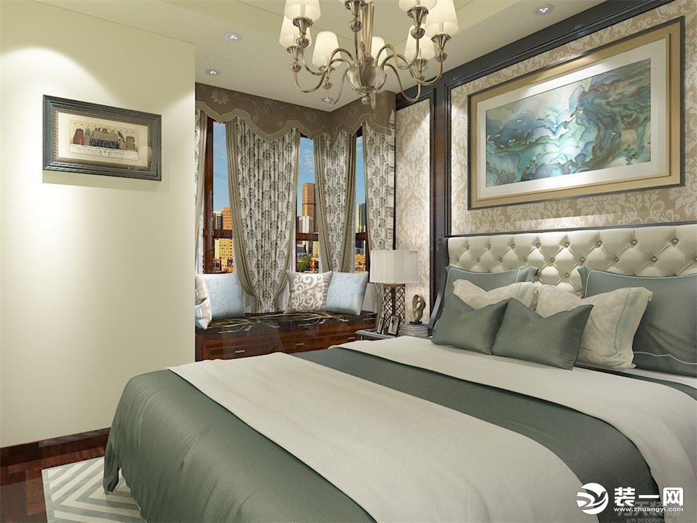 美式风格设计理念的卧室，不会采用炫目的灯光，通常以使用舒适为主