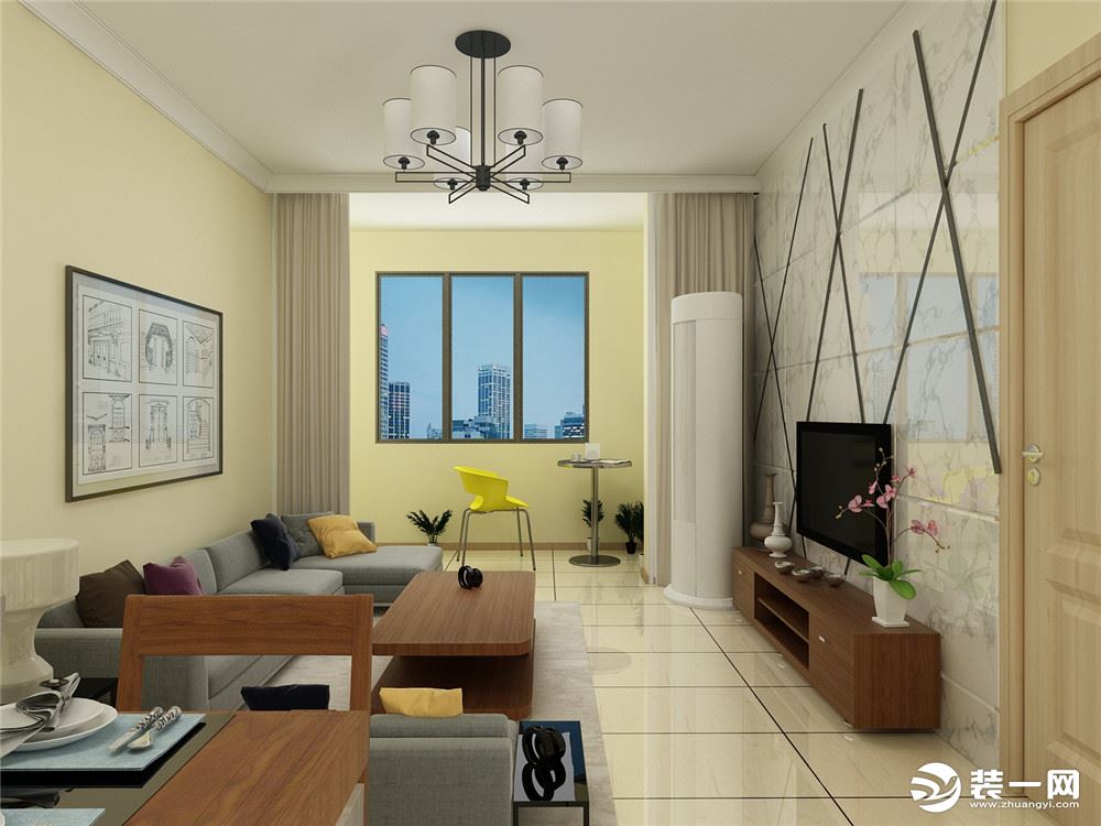 全屋以淡黄色乳胶漆为主，客厅的电视墙采用布料材质，纹理自然大方。